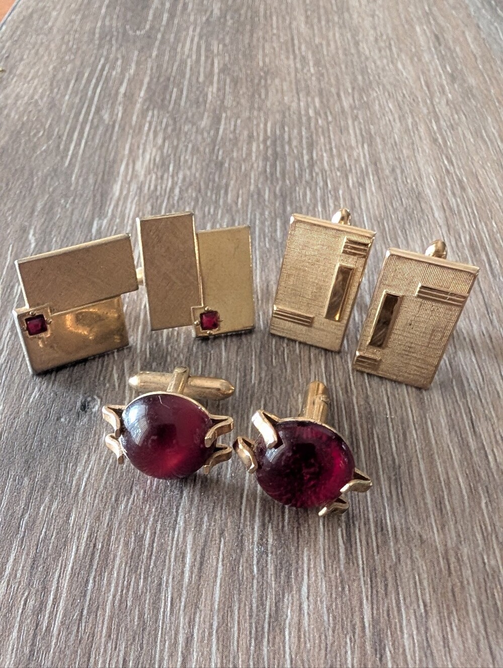 Vintage Lot Of 3 Swank Gold Tone Cufflink Sets with Deep Red Cabochon Accents